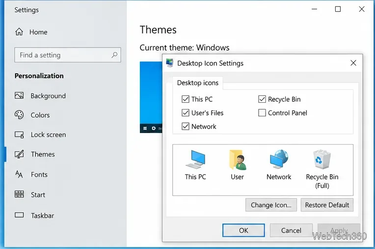 Настройка значков рабочего стола Windows 10 с выбранными параметрами «Этот компьютер», «Корзина», «Файлы пользователя» и «Сеть».