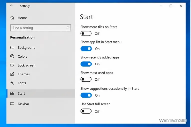 Настройки меню «Пуск» в Windows 10 с отключенной опцией «Использовать полноэкранный режим меню «Пуск»»