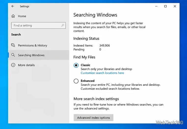 Windows 10 Searching Windows settings showing indexing status and advanced index options