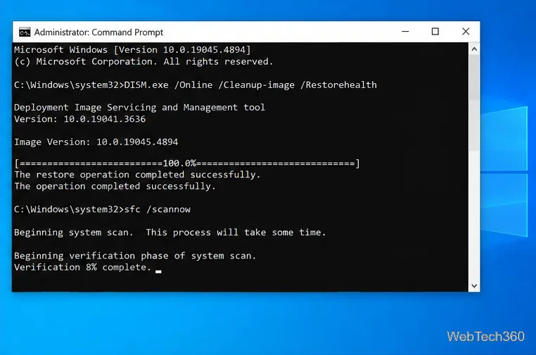 Administrator Command Prompt in Windows 10 running DISM RestoreHealth followed by sfc scannow