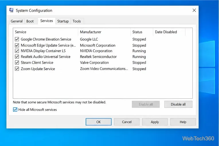 Windows 10 System Configuration Services tab with Hide all Microsoft services selected