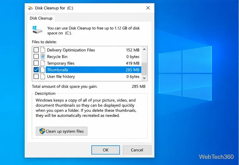 Windows 10 Disk Cleanup with the Thumbnails category selected for deletion