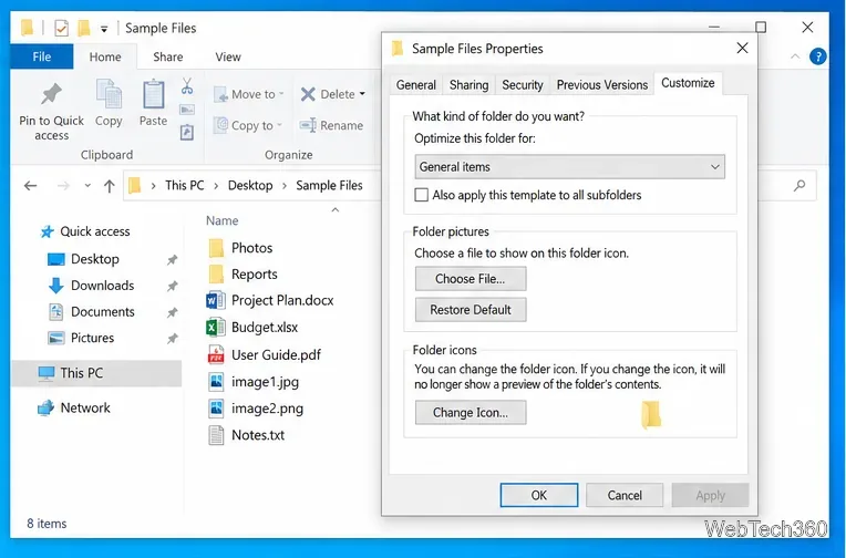 Windows 10 folder Properties window with Optimize this folder for set to General items