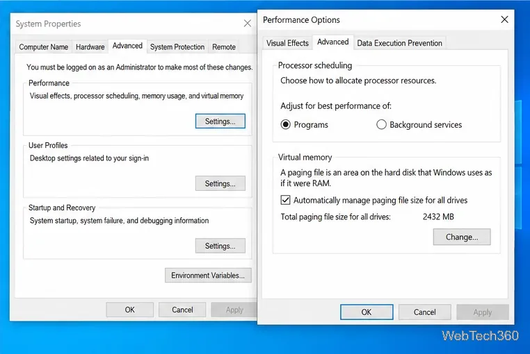 Windows 10 Performance Options showing Programs selected and automatic paging file management enabled