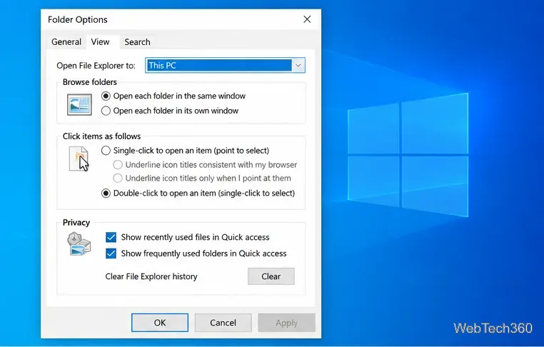 Windows 10 Folder Options showing This PC as the File Explorer start location and Quick access privacy controls