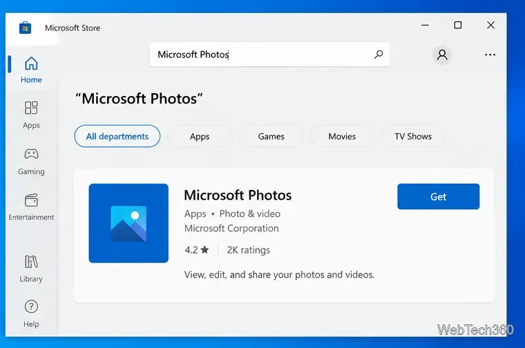 Wynik wyszukiwania w sklepie Microsoft Store dla aplikacji Zdjęcia Microsoft z przyciskiem Pobierz