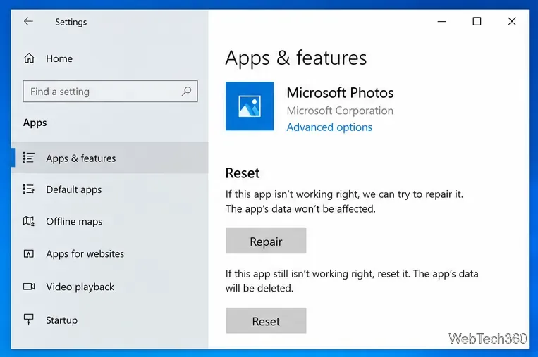 Zaawansowane opcje aplikacji Zdjęcia Microsoft w systemie Windows 10 z przyciskami Napraw i Resetuj