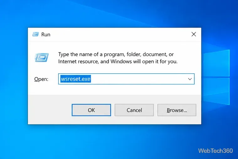 Okno dialogowe Uruchom systemu Windows 10 z wpisanym plikiem wsreset.exe