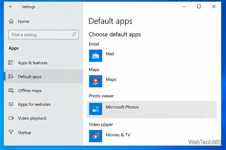 Strona domyślnych aplikacji systemu Windows 10 z aplikacją Zdjęcia Microsoft wybraną jako przeglądarka zdjęć