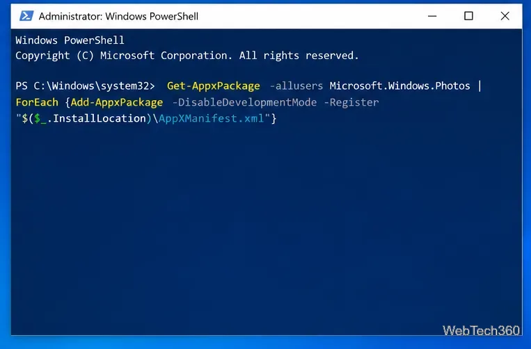 Administrator Windows PowerShell ponownie rejestruje pakiet aplikacji Zdjęcia systemu Microsoft Windows