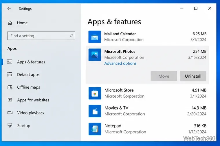 Strona aplikacji i funkcji systemu Windows 10 z widocznymi opcjami Microsoft Photos i zaawansowanymi
