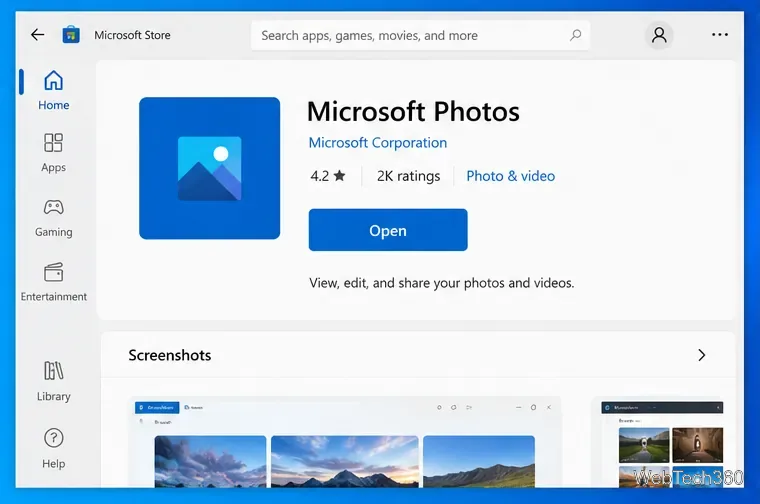 Strona aplikacji Zdjęcia Microsoft w sklepie Microsoft Store wyświetlająca przycisk Otwórz po instalacji