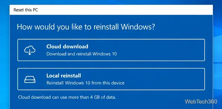 В Windows 10 при нажатии кнопки «Сбросить этот ПК» предлагается загрузка из облака и локальная переустановка.