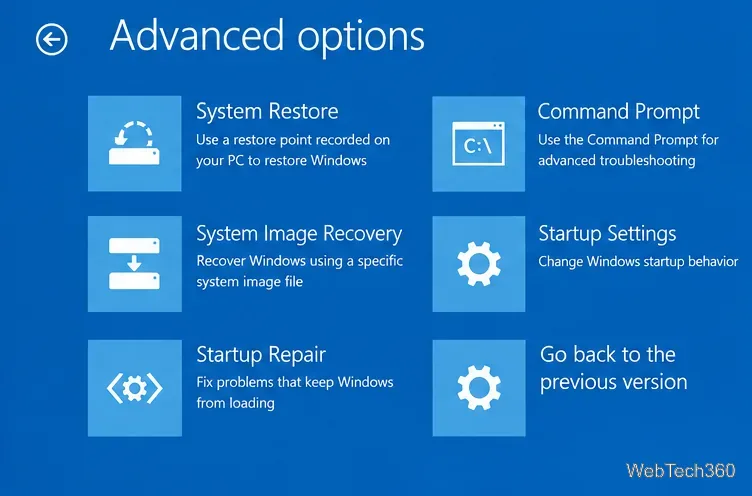 Экран расширенных параметров среды восстановления Windows с функциями восстановления системы и восстановления при запуске.