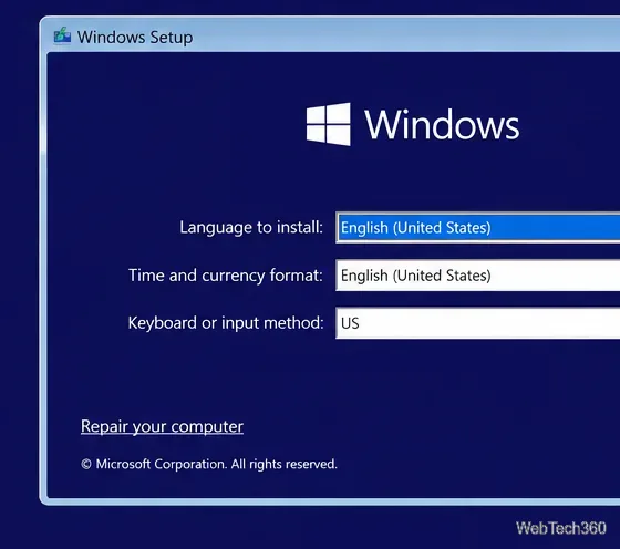 Экран установки Windows со ссылкой «Восстановить компьютер», используемой для открытия средств восстановления.