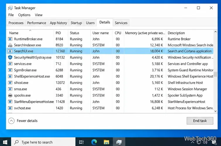 Windows 10 Task Manager Details tab with SearchUI.exe highlighted