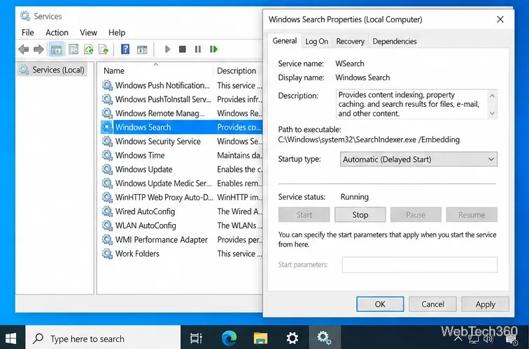 Windows 10 Services console showing Windows Search running with Automatic Delayed Start