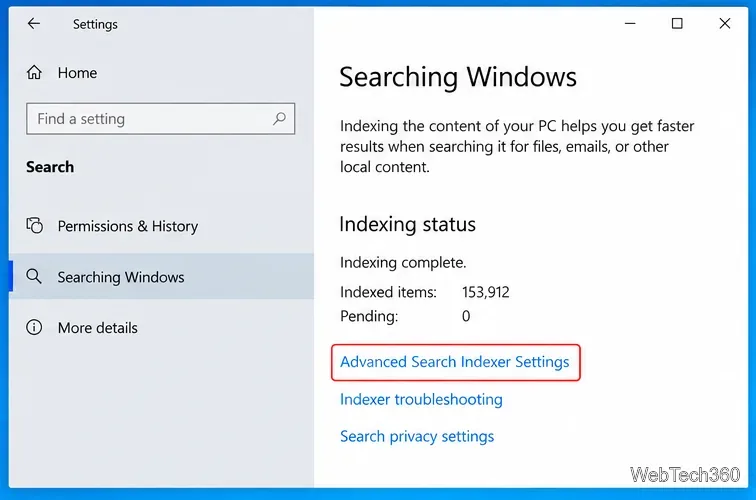 Windows 10 Searching Windows settings with Advanced Search Indexer Settings highlighted