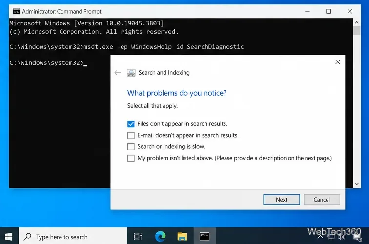 Windows 10 Search and Indexing troubleshooter listing missing files and slow indexing problems