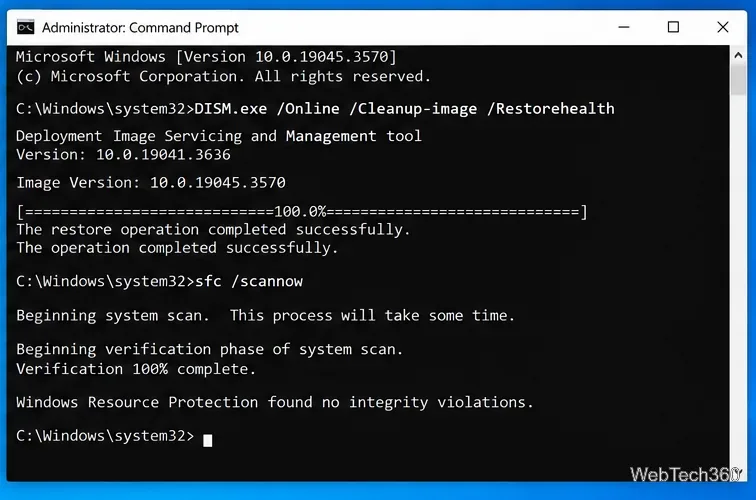 Administrator Command Prompt showing DISM RestoreHealth followed by SFC scannow