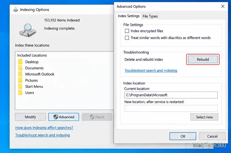 Windows 10 Indexing Options Advanced window with the Rebuild button highlighted