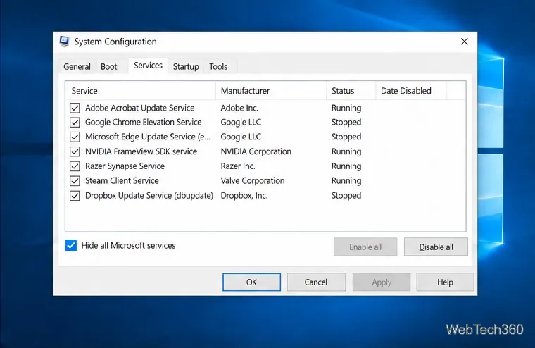 На вкладке «Службы конфигурации системы» Windows 10 выберите параметр «Скрыть все службы Microsoft» для чистой загрузки.