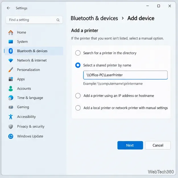 Configuração manual de impressora no Windows 11 com o campo "Selecionar uma impressora compartilhada por nome e caminho de rede"