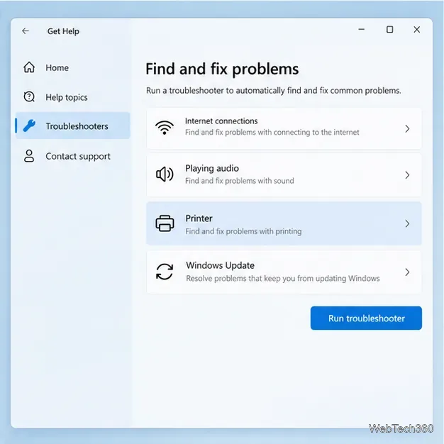 Obtenha o aplicativo Ajuda com a ferramenta de solução de problemas da impressora selecionada e um botão Executar solução de problemas.