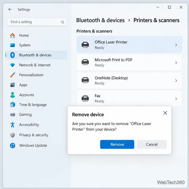 A página Impressoras e scanners do Windows 11 exibe o botão Adicionar dispositivo acima da lista de impressoras.
