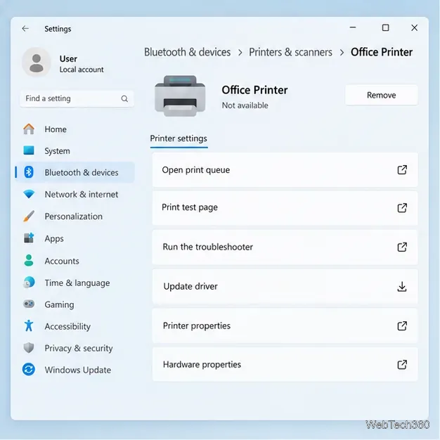A página de gerenciamento de impressoras do Windows 11 exibe a opção "Atualizar driver".