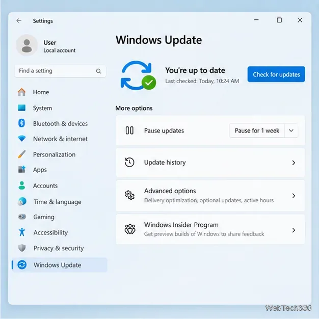 Configurações do Windows Update no Windows 11 com o botão Verificar atualizações