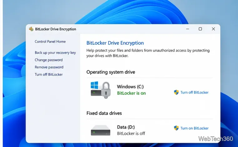 Painel de Criptografia de Unidade BitLocker do Windows 11 mostrando uma unidade de sistema criptografada e outra unidade pronta para criptografia.