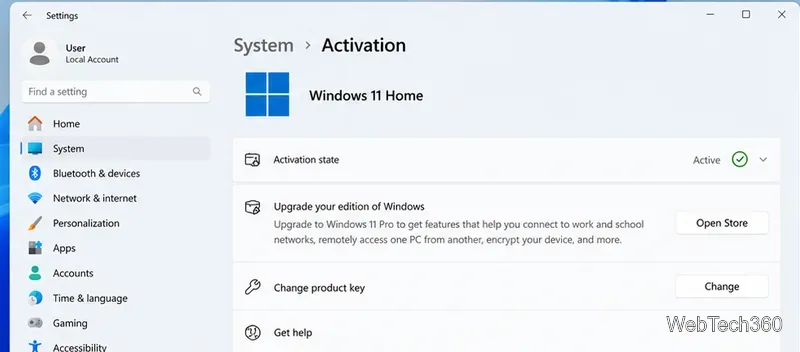 Tela de Ativação do Sistema nas Configurações do Windows 11, mostrando uma edição Home ativada e opções para abrir a Microsoft Store ou alterar a chave do produto.