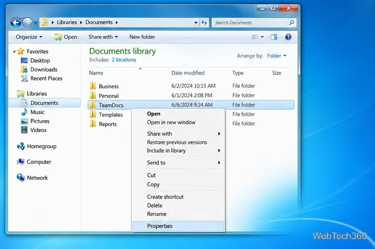 Exploratorul de fișiere din Windows 7 cu folderul TeamDocs selectat și opțiunea Proprietăți evidențiată în meniul contextual.