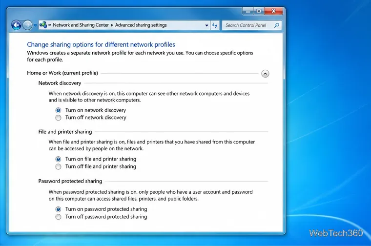 Setările avansate de partajare din Windows 7 afișează descoperirea rețelei, partajarea fișierelor și imprimantelor și partajarea protejată prin parolă, activate.