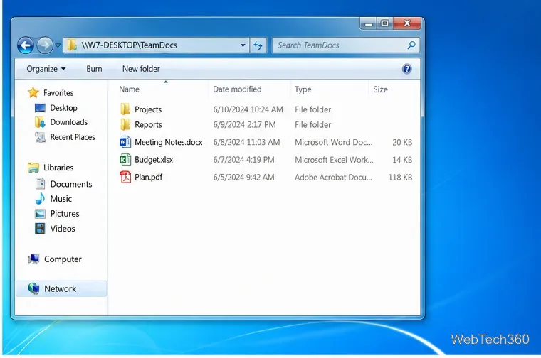 Bara de adrese din Explorerul de fișiere din Windows 7 s-a deschis în calea de rețea \\W7-DESKTOP\TeamDocs.