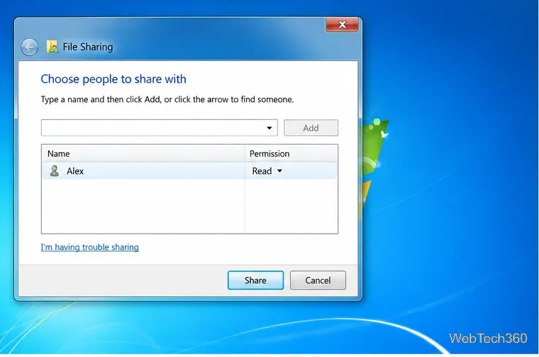 Caseta de dialog Partajare fișiere Windows 7 cu contul Alex selectat cu permisiune de citire.