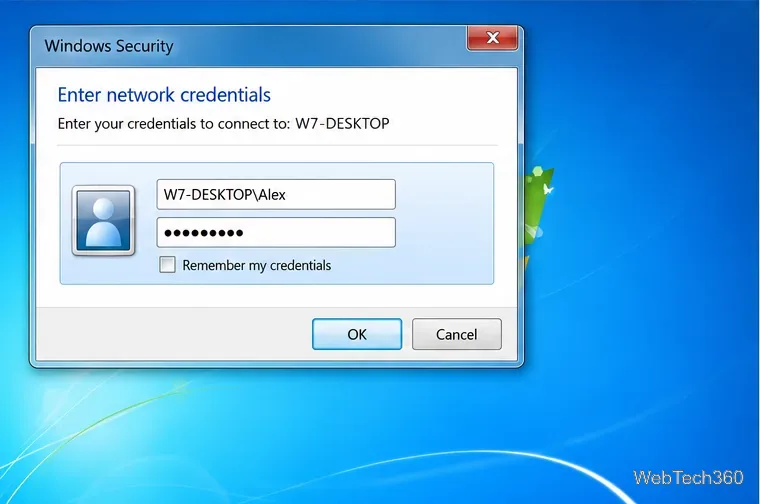 Solicitare de securitate Windows care solicită contul W7-DESKTOP\Alex și parola acestuia.
