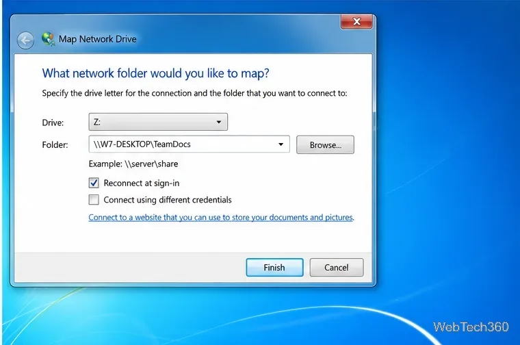 Caseta de dialog Mapare unitate de rețea din Windows 7 mapează unitatea Z: la \\W7-DESKTOP\TeamDocs.