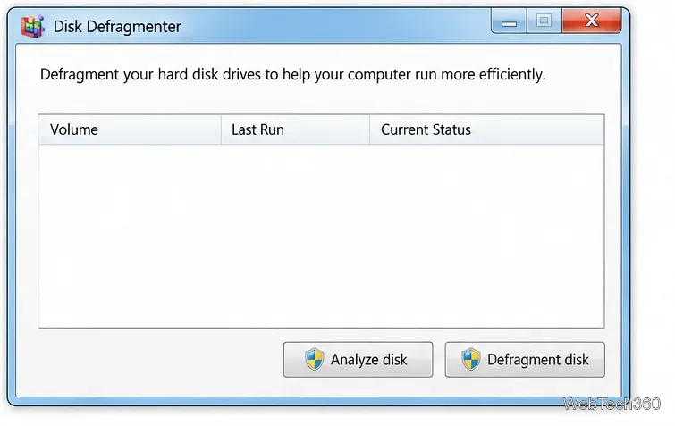 Illustration of Windows 7 Disk Defragmenter with an empty volume list and Analyze disk and Defragment disk buttons.