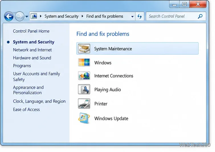 Illustration of Windows 7 Control Panel at Find and fix problems, with System Maintenance selected.