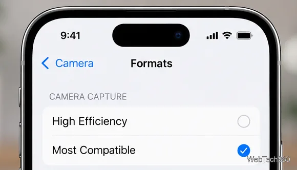 L'écran des formats de l'appareil photo de l'iPhone affiche « Plus compatible » au lieu de « Haute efficacité ».