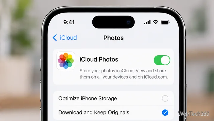 Dans les paramètres d'iCloud Photos, l'option « Télécharger » et « Conserver les originaux » est sélectionnée.