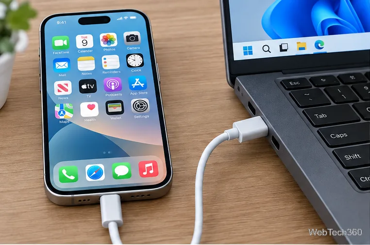 Un câble USB-C permet de connecter un iPhone déverrouillé directement à un ordinateur portable Windows sans passer par un hub.