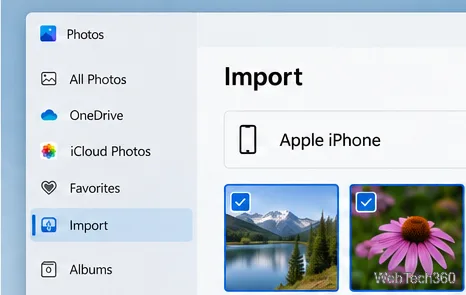 L'écran d'importation de photos Windows affiche un iPhone Apple connecté et les vignettes des photos sélectionnées.