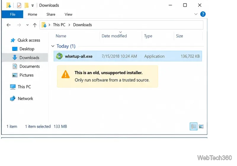 Проводник Windows 10 показывает старый установщик Windows Essentials wlsetup-all.exe с предупреждением об использовании только доверенного источника.
