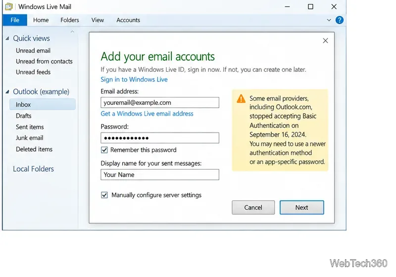 Окно настройки учетной записи Windows Live Mail отображает ручные параметры сервера и предупреждение о том, что может потребоваться современная аутентификация.