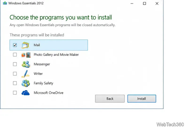 Экран установки Windows Essentials 2012 с выбранным приложением «Почта» и снятыми галочками с других прекращенных программ.