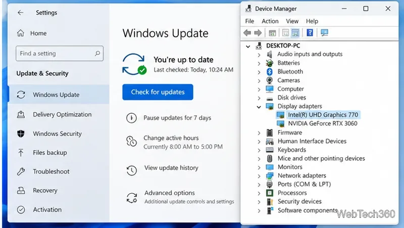 Центр обновления Windows рядом с Диспетчером устройств с развернутым списком видеоадаптеров