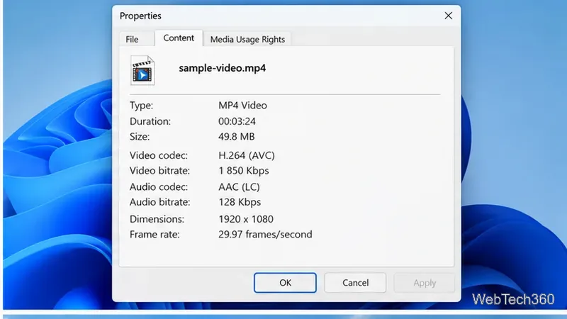 В свойствах файла Windows Media Player отображаются подробные сведения о видеокодеке H.264 и аудиокодеке AAC.